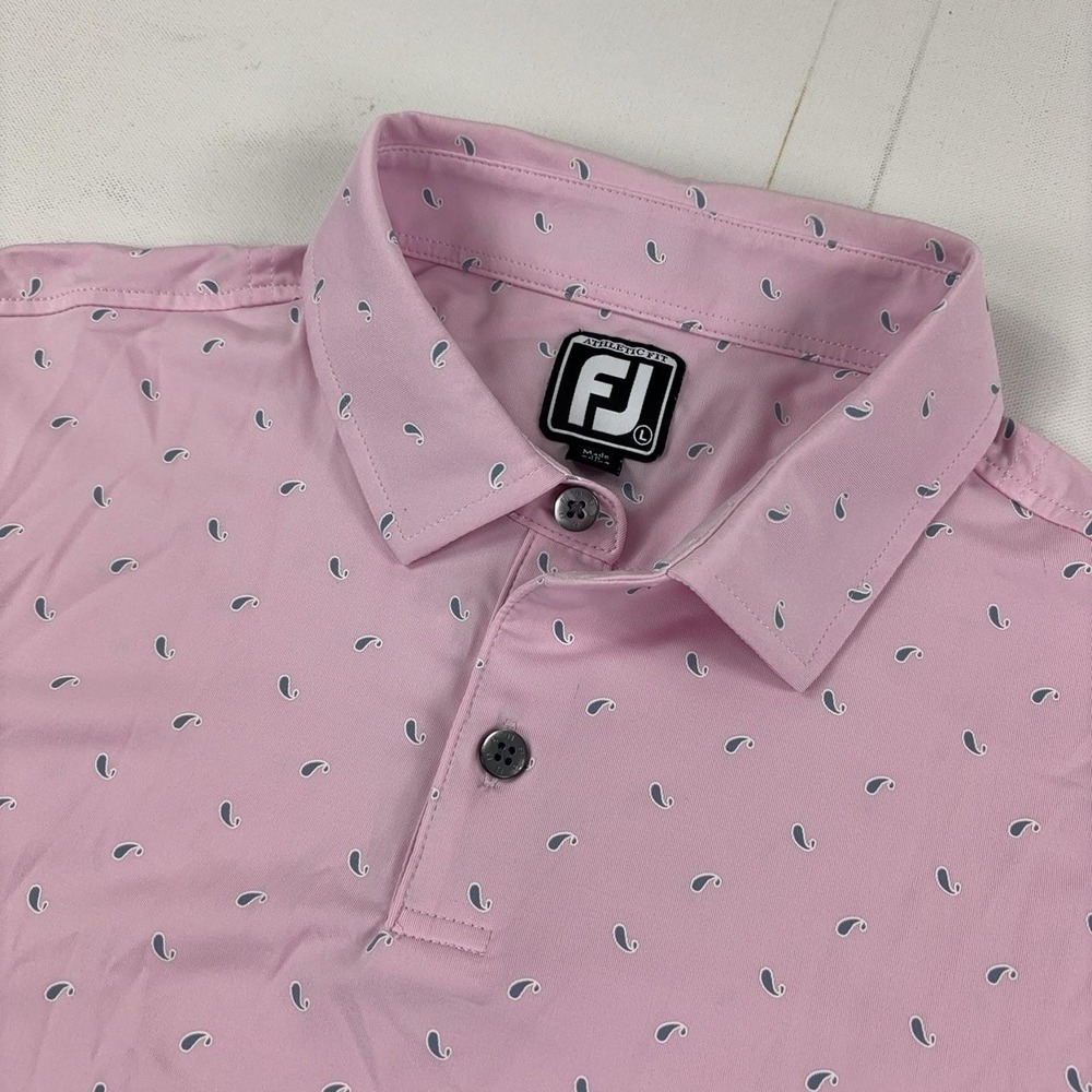 FootJoy Golf Polo Shirt Mens L Pink Paisley Athletic Fit Jersey Short Sleeve